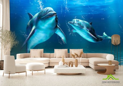 выбрать Фотошпалери Ігри дельфінів Блакитні фотошпалери на стіну