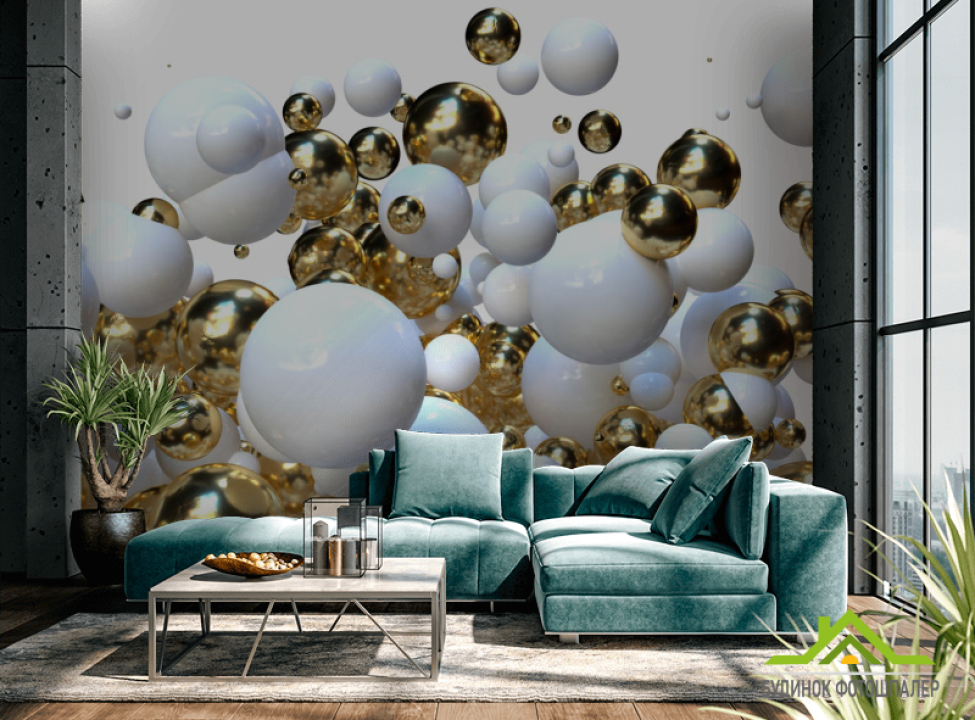 выбрать Фотообои Бело-золотые 3д шары Каталог фотообоев на стену