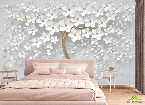 выбрать Фотошпалери Квіткове біле дерево Спальня: квадратна, горизонтальна орієнтація на стіну
