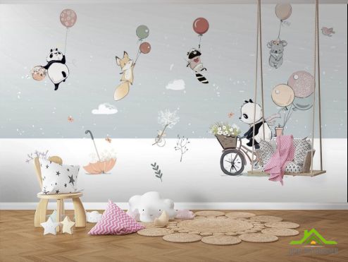 выбрать Фотообои Животные на шариках и панда Фотообои Фотообои Little kids: горизонталная, горизонтальная ориентация на стену