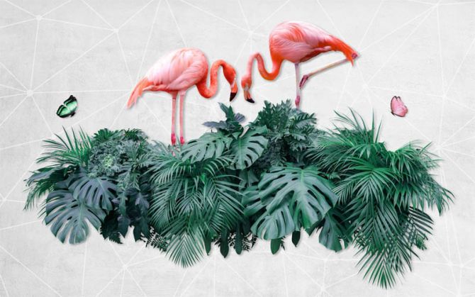 Фотообои фламинго на тропических листьях