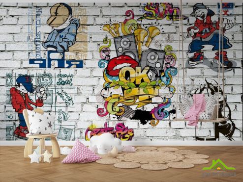 выбрать Фотообои 3д стена с граффити Фотообои Фотообои в детскую: горизонталная, горизонтальная ориентация на стену
