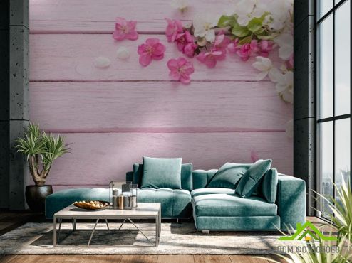 выбрать Фотообои белые и розовые лепестки на розовом деревянном фоне Фотообои Цветы на стену