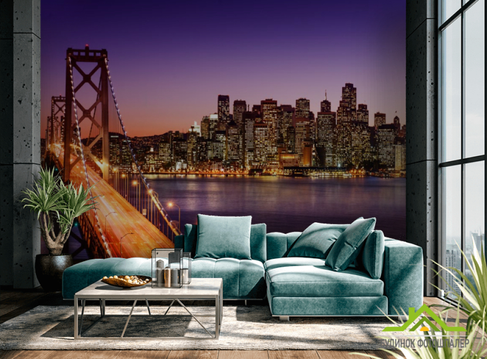 выбрать Фотообои мегаполис над фиолетовой рекой Каталог фотообоев на стену