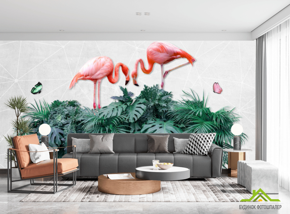 выбрать Фотошпалери фламінго на тропічних листках Каталог фотошпалер на стіну