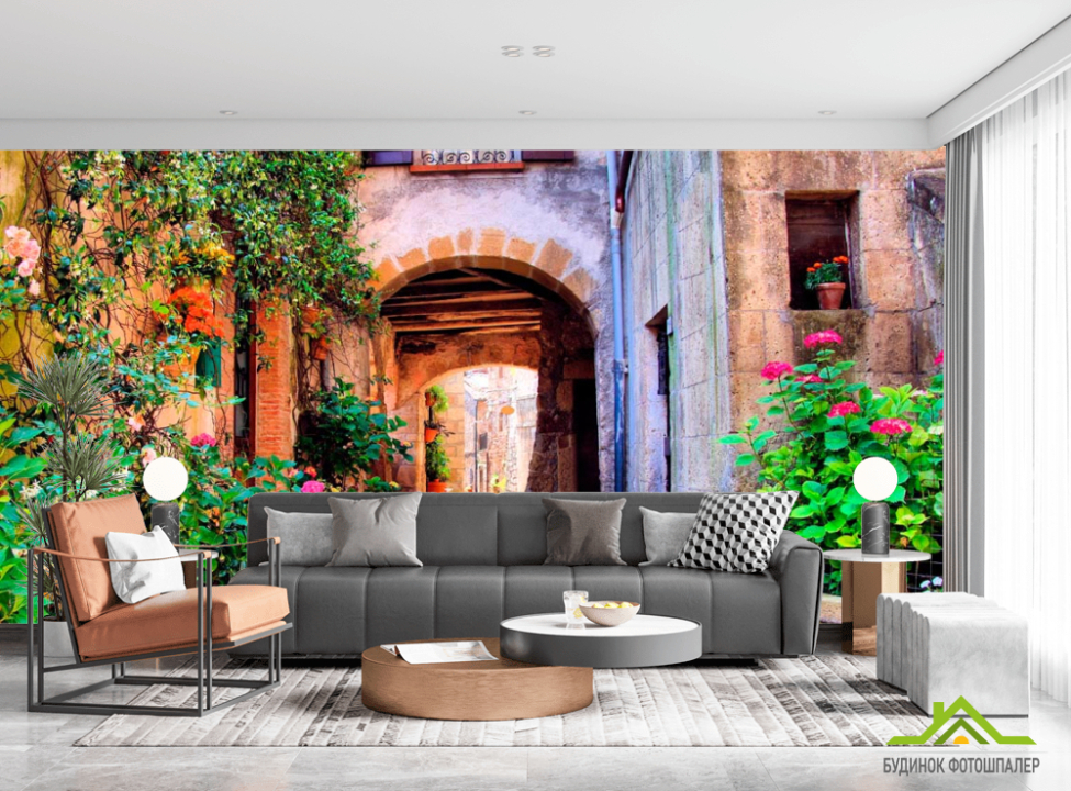 выбрать Фотообои Арочная улочка с цветами Каталог фотообоев на стену