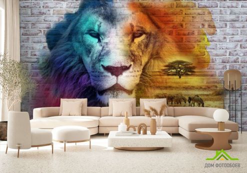 выбрать Фотообои Стена 3д со львом Фотообои, цвет: «» на стену
