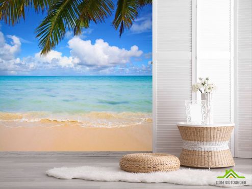 выбрать Фотообои Вид из под пальмы Фотообои Фотообои Море: фото, голубой  на стену