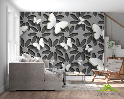 выбрать 3д фотообои Бабочки Фотообои 3D фотообои: горизонталная, горизонтальная, серый ориентация на стену