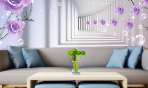 Фотообои в интерьере гостиной с фото - Фотообои 3D бутоны фиолетовых роз