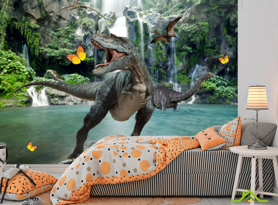 выбрать Фотошпалери Динозавр біля водоспаду Каталог фотошпалер на стіну