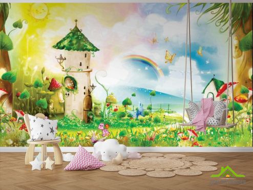 выбрать Фотообои Сказочные домики и радуга Фотообои Фотообои в детскую: горизонталная, горизонтальная ориентация на стену
