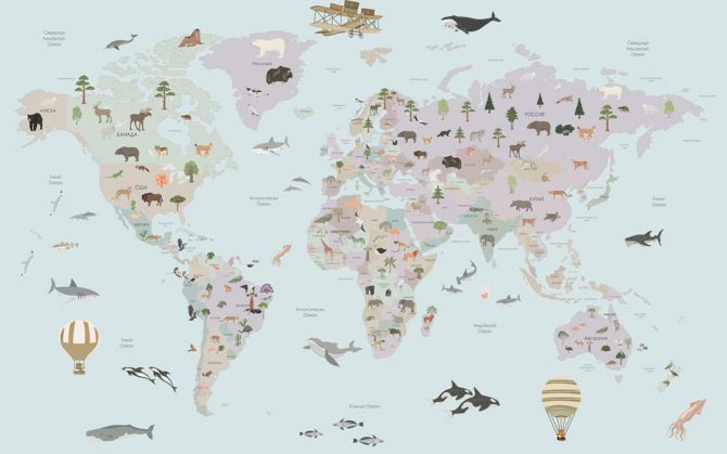 Фотообои Детская карта с флорой и фауной