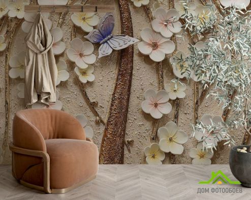 выбрать Фотошпалери Керамічні квіти з метеликом Фотошпалери 3D фотошпалери : квадратна, горизонтальна орієнтація на стіну