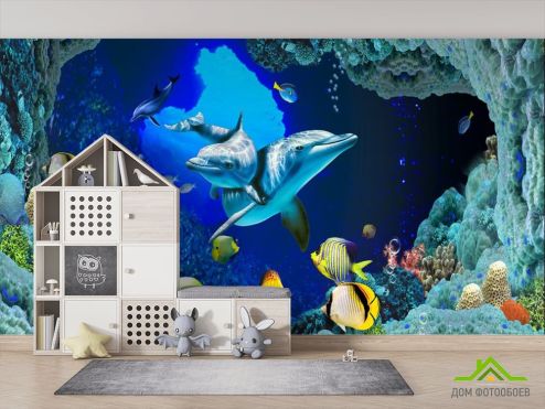 выбрать Фотошпалери Казковий підводний світ Фотошпалери Фотошпалери в дитячу: квадратна, горизонтальна, синій орієнтація на стіну