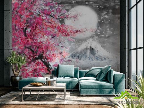 выбрать Фотообои картина белая луна над розовым деревом Фотообои Природа на стену
