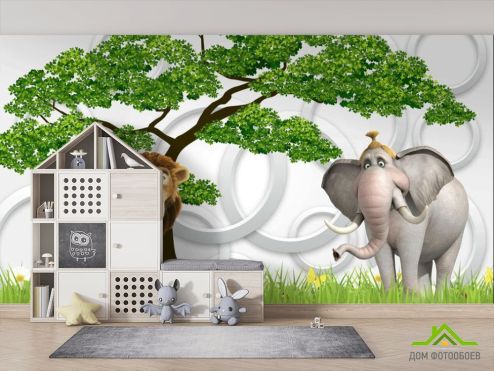 выбрать Фотообои Слон и лев 3д Фотообои в детскую на стену