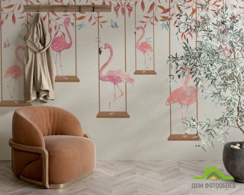 выбрать Фотообои Фламинго на качелях Фотообои Фотообои Животные: горизонталная, горизонтальная ориентация на стену