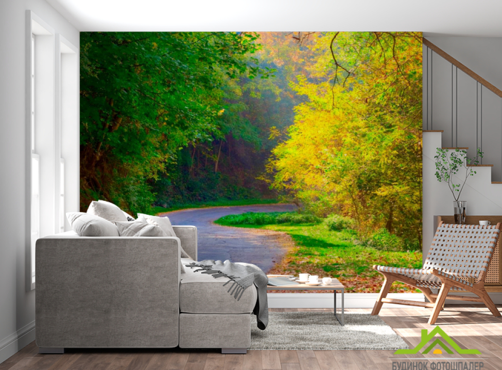 выбрать Фотошпалери Поворот дороги Фотошпалери ліс на стіну