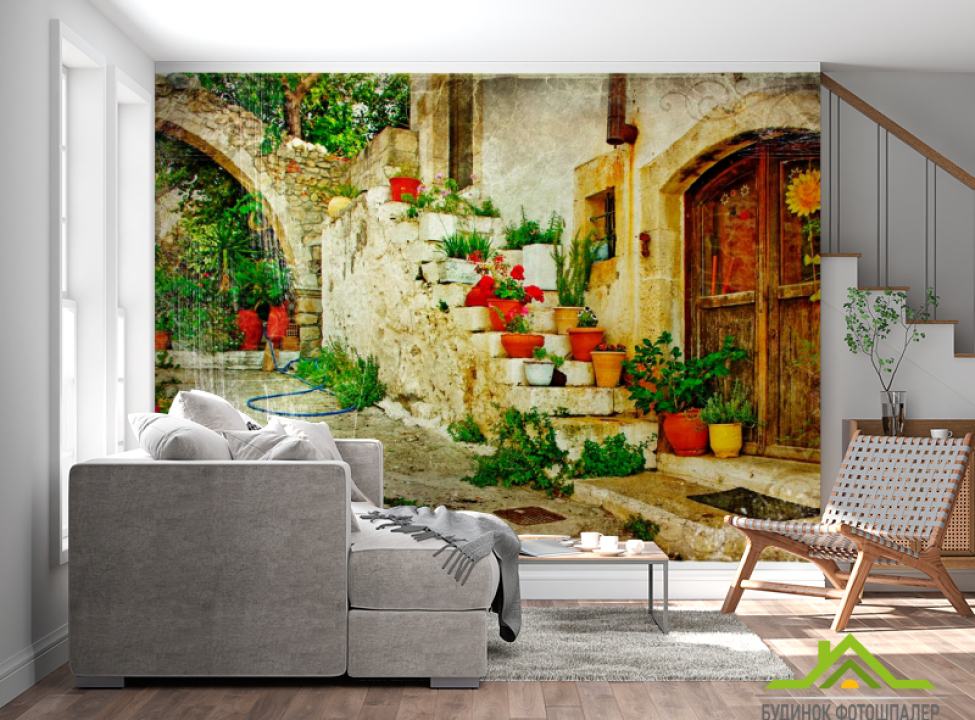 выбрать Фотошпалери Квіти в горщиках на сходинках Каталог фотошпалер на стіну