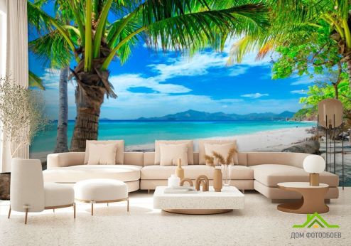 выбрать Фотообои Пляж с пальмами Фотообои Фотообои Море: фото, голубой  на стену