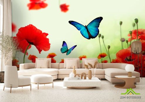 выбрать Фотообои Красные маки с бабочками Фотообои Цветы на стену