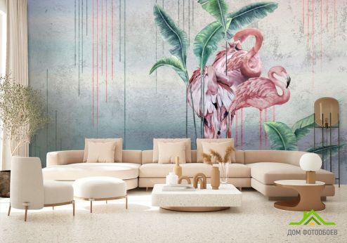 выбрать Фотообои Дизайнерские фламинго Фотообои, цвет: «горизонталная, горизонтальная» на стену