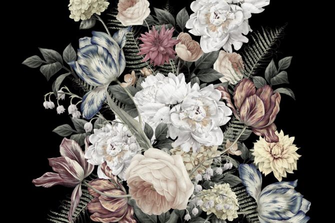 Фотообои Винтажные цветы на черном фоне