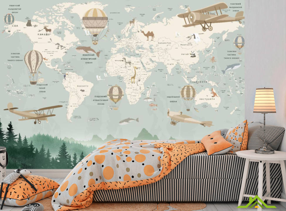 выбрать Фотообои Зеленая карта детская с елками Каталог фотообоев на стену