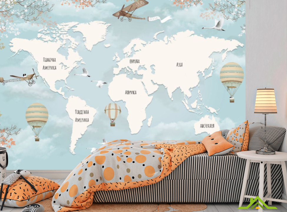 выбрать Фотообои Детская карта с континентами и ветвями в голубом цвете. Каталог фотообоев на стену