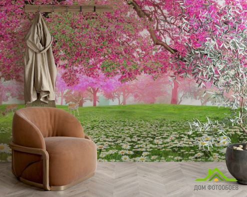 выбрать Фотообои Розовое дерево и олень Фотообои Фотообои Природа: горизонталная, горизонтальная ориентация на стену