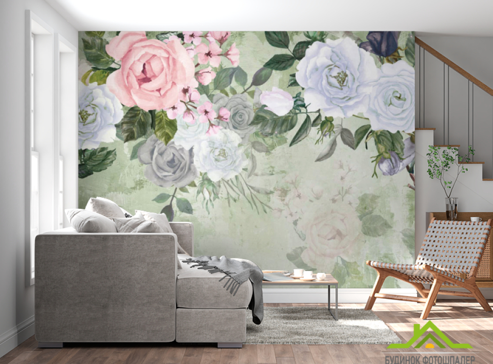 выбрать Фотошпалери акварельні квіти на зеленому тлі Каталог фотошпалер на стіну