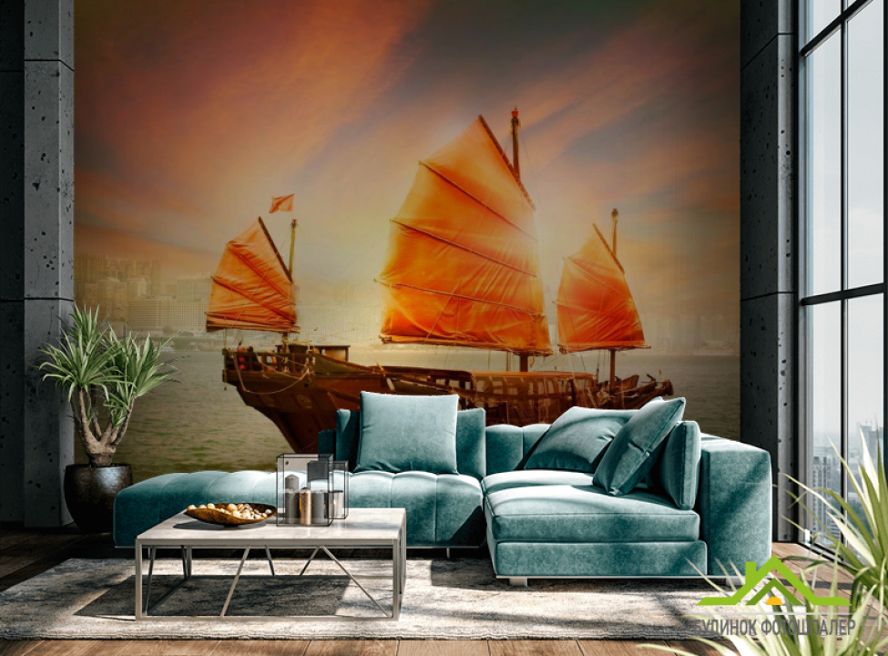 выбрать Фотошпалери Корабель з помаранчевими вітрилами Каталог фотошпалер на стіну