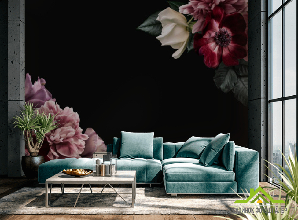 выбрать Фотошпалери квітковий мікс на чорному Фотошпалери Квіти на стіну