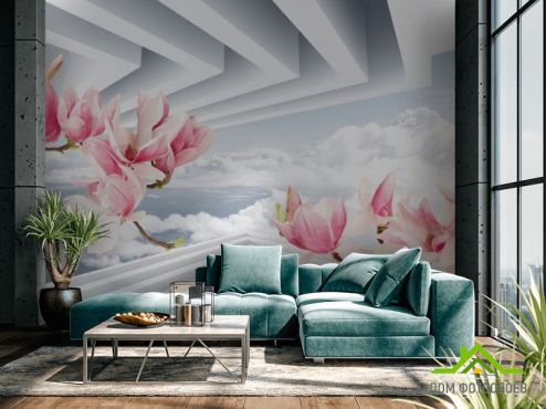 выбрать Фотообои 3д розовые ветви магнолии Цветы на стену