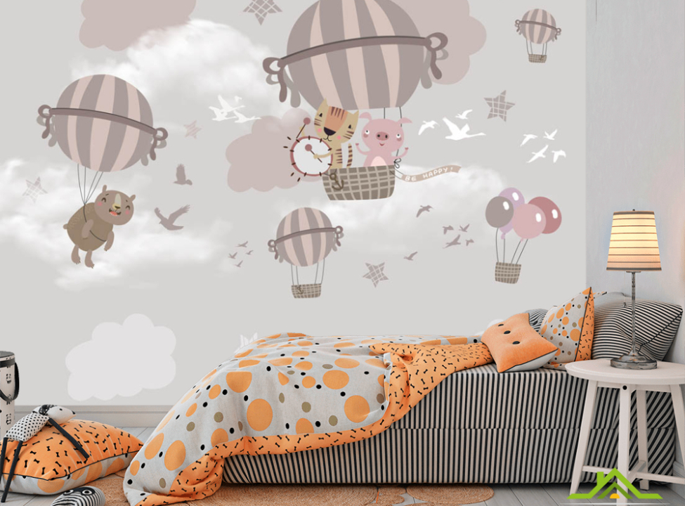 выбрать Фотошпалери Летять звірі на повітряних кулях Фотошпалери Little kids на стіну