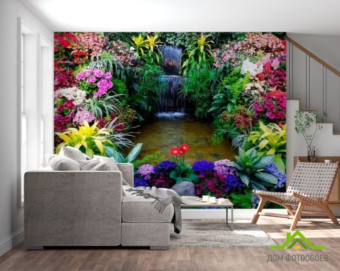 выбрать Фотошпалери Водоспад, квіти Фотошпалери Фотошпалери Природа: фото, різнобарвний  на стіну