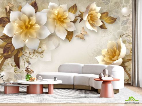 выбрать Фотообои Керамические 3д цветы Фотообои в гостиную: горизонталная, горизонтальная ориентация на стену