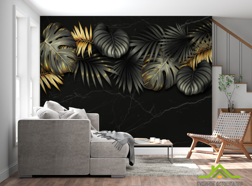 выбрать Фотошпалери золоті листя на чорному Каталог фотошпалер на стіну