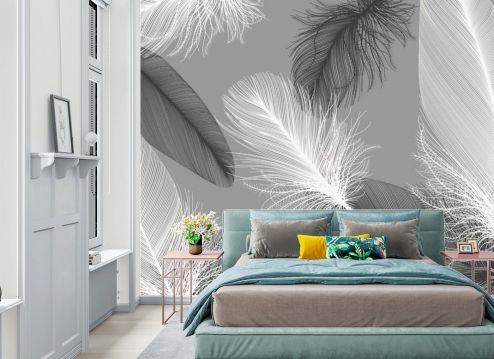 выбрать Фотообои Серые перья Фотообои в спальню: горизонталная, горизонтальная ориентация на стену