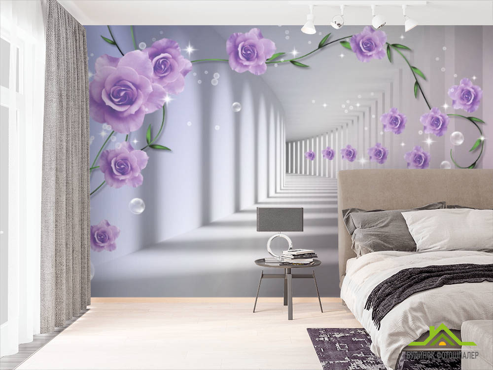 Фотошпалери 3D бутони фіолетових троянд
