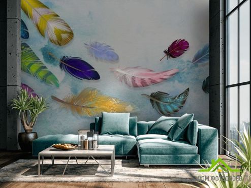 выбрать Фотообои Разноцветные воздушные перья  на стену