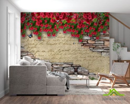 выбрать Стена с цветами 3д Фотообои 3D фотообои: горизонталная, горизонтальная ориентация на стену