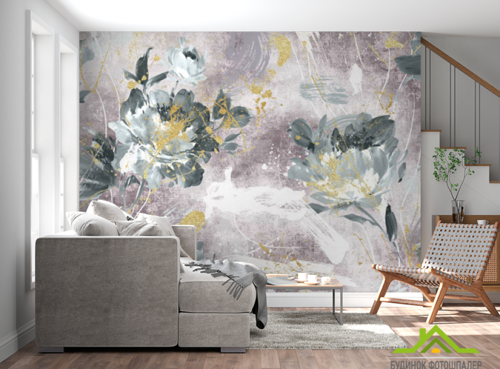 выбрать Фотошпалери дизайнерські квіти з золотом рожеві. Каталог фотошпалер на стіну