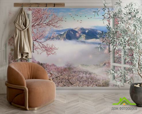выбрать Фотообои Окно с видом на сакуру и горы Фотообои Вид из окна на стену