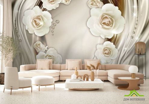 выбрать Фотообои Белые 3д цветы с камнями Фотообои 3D фотообои: горизонталная, горизонтальная ориентация на стену
