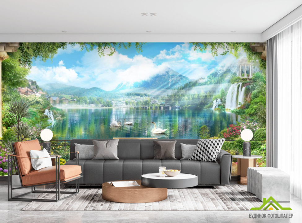 выбрать Фотошпалери три лебедя на озері Каталог фотошпалер на стіну