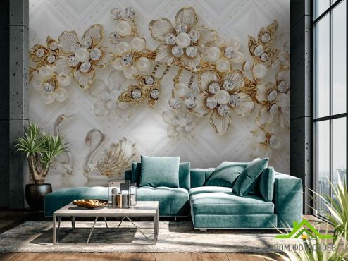 выбрать Фотообои  Золотые цветы с лебедями Фотообои 3D фотообои: горизонталная, горизонтальная ориентация на стену