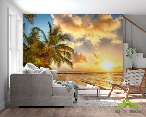 выбрать Фотообои пальмы над морем и желтые облака Фотообои Природа на стену