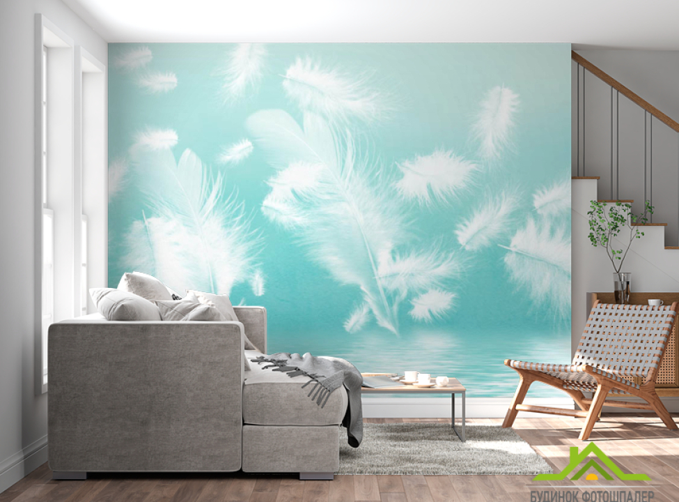 выбрать Фотообои Белые перья на бирюзовом фоне Каталог фотообоев на стену